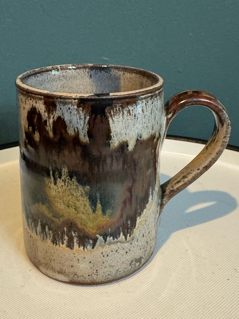 Handcrafted Pottery Mug - earthy reactive drip glaze, 10 Oz, Stamped